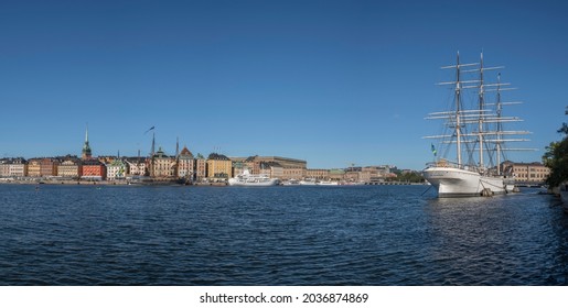 Panorama View Over The Inner Harbor Of Stockholm With The Old Sailing Replica Of The Swedish East Indiaman Götheborg. Stockholm, Sweden 2021-09-03