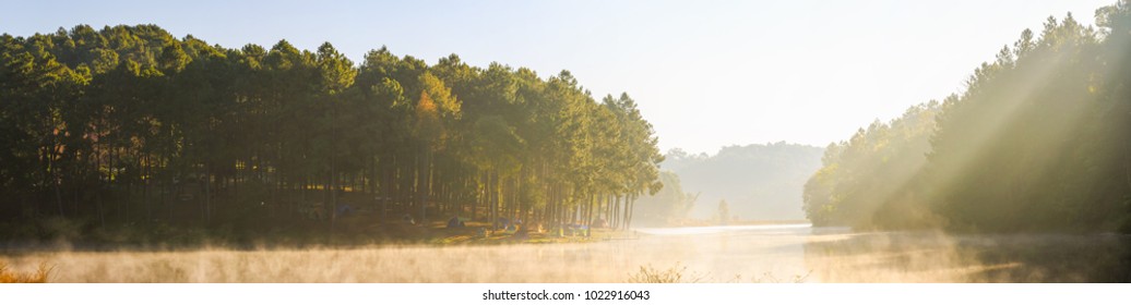 Panorama view of Pang Ung (Pang Tong reservoir) in the mist at sunrise, Mae Hong Son province, Thailand - Shutterstock ID 1022916043