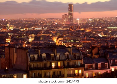 Panorama View Of Paris By Night  Vie From The Night Sacrecoeur In Montmartre.