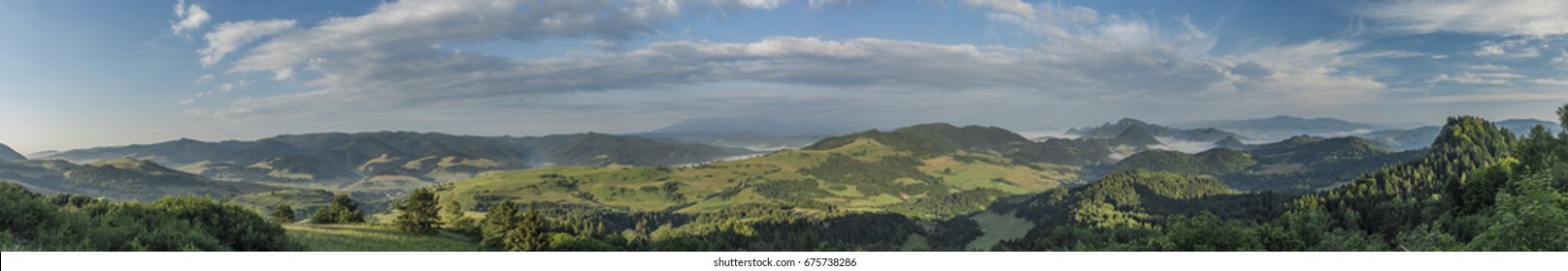Panorama view in Pieniny national park with sunny morning and fog - Shutterstock ID 675738286