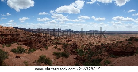 Panorama view of the red canyon. View of the red desert, rock and sandstone cliffs, valley and mountains under a beautiful sky.