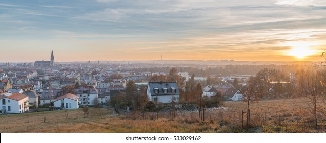 Panorama View Of Regensburg At Sundown In Winter