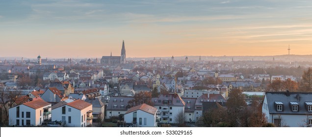 Panorama View Of Regensburg At Sundown In Winter