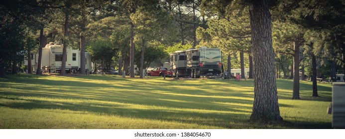 Panorama View RV Campground With Plenty Of Trees For Both Tent Camping And RV Sites In Texas, America