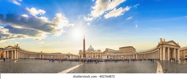 Panorama view of Saint Peter's Basilica and square on sunrise in Vatican, Italy