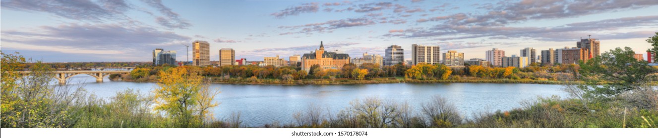 A Panorama View Of Saskatoon, Canada Cityscape Over River