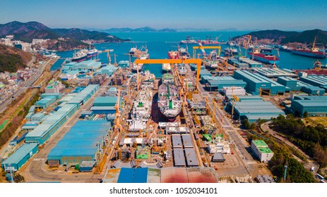 Panorama view of shipyard located in the bay of South Korea. Aerial view of shipyard from drone.