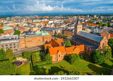 Panorama view of St. Canute's Cathedral in Danish town Odense.
