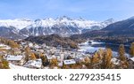 Panorama view of St. Moritz, the famouse resort region for winter sprot, from the high hill  in golden fall season.