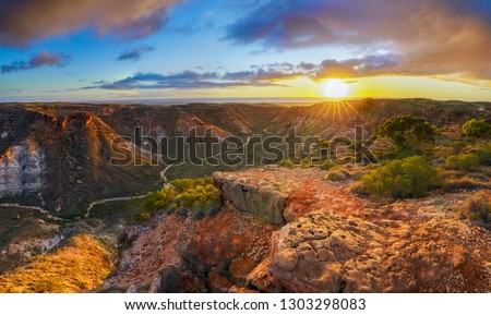 panorama view of sunrise over charles knife canyon near exmouth, western australia