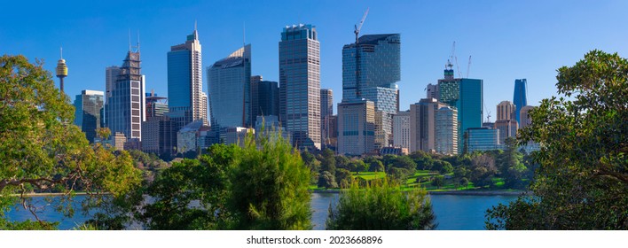 Panorama View Of Sydney Harbour And CBD Commercial And Residential Buildings, Hotels And Officer Towers On The Foreshore In NSW Australia