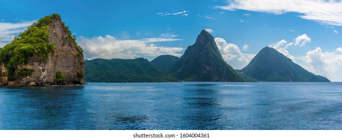 A panorama view towards Soufriere Bay, St Lucia with the Pitons in the distance