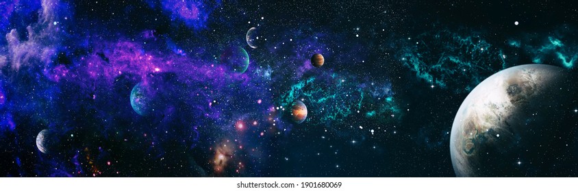 Panorama view universe space. Cosmic landscape, beautiful science fiction wallpaper with endless deep space. Elements of this image furnished by NASA