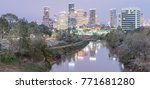 Panorama view unusual snowfall along Bayou River bank with downtown Houston, Texas, USA skylines city lights reflection at sunrise/twilight. Snow is extremely rarely and happen only 35 time since 1895