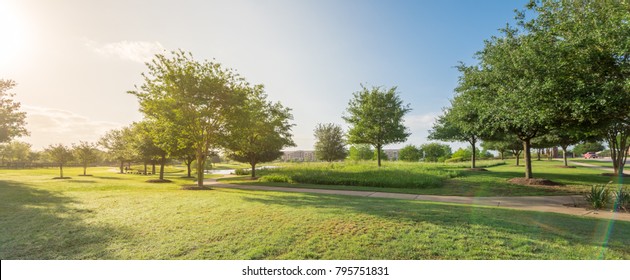 Panorama view of urban park near residential area neighborhood in Sugarland, Texas, US. Beautiful green grass lawn, oak trees and walking/biking path illuminate by sunshine during early spring morning