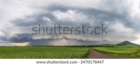 Panorama view of a very stunning structured shelf cloud on a storm squall line. Czech Republic