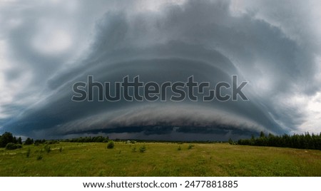 Panorama view of a very stunning structured shelf cloud on a storm squall line. Lithuania