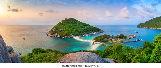 Panorama Of Viewpoint On Koh Nangyuan Island At Sunset, Surat Thani In Thailand