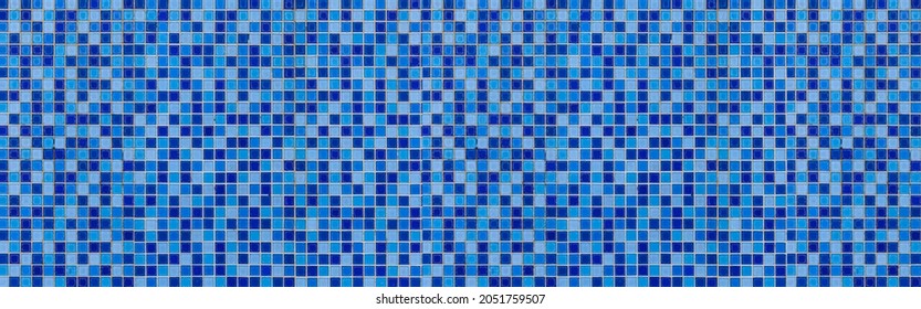 Panorama of Vintage blue mosaic kitchen wall pattern and background seamless