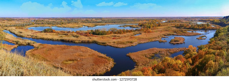 Panorama Of Vorskla River Delta At Autumn . Aerial Photography Of Winding Lowland River. View From Above On A  Flat River- Flood Plain. Nature Reserve Landscape Of Ukraine. 