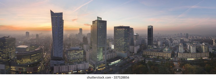 Panorama Of Warsaw City During Autumn Sundown