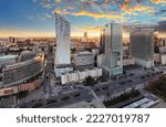 Panorama of Warsaw city sunset, Poland.