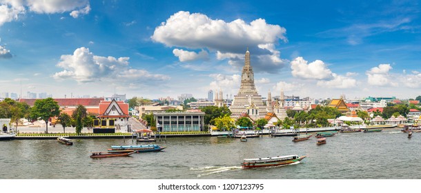 Panorama of Wat Arun Temple in Bangkok, Thailand in a summer day