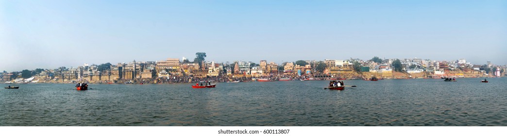 Panorama Of The Waterfront City Of Varanasi Taken In India