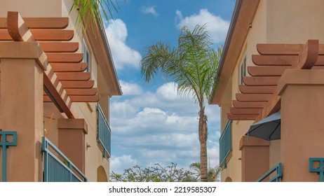 Panorama White Puffy Clouds Two Identical Mediterranean Houses Across Each Other At La Jolla