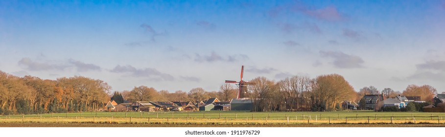 Panorama of the windmill in the small village of Norg, Netherlands