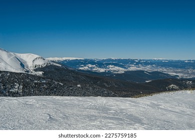 Panorama of the winter Carpathians in Ukraine from a bird's eye view