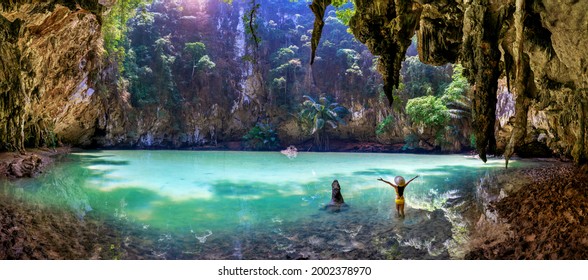 Panorama of Woman enjoying in princess lagoon at Railay, Krabi in Thailand.