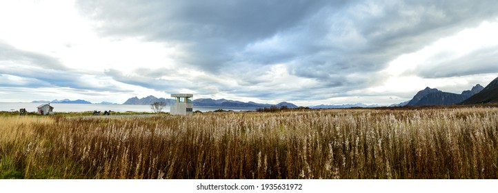 Panorama Of Wooden Bicycle Shelter, Modern Norwegian Architecture, Wood And Glass, Lofoten Islands, Norway