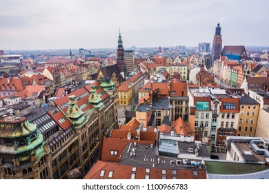 Panorama of Wroclaw, Poland. Roofs of the old town. Smog in Poland in winter. 