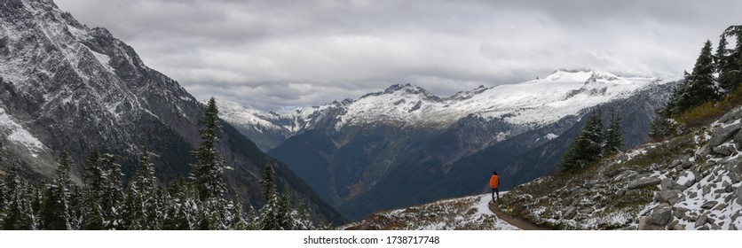 Panorama Of Young Woman Carrying Orange Backpack Stands And Admires The View On Cascade Pass Trail , North Cascades National Park, WA, USA. Concept Of Solo Female Traveler.