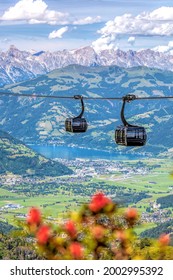 Panoramatic modern Cable cars against town of Zell am See  in the Zell am See-Kaprun region, Kitzsteinhorn, Austrian Alps, Salcburger land