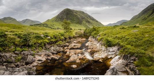 Panoramatic view of River Etive and the valley and montains around