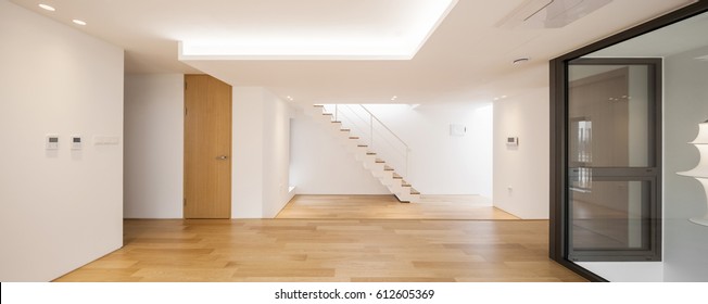 Panorama(wide Angle) For Interior, Living Room With Wood Floor, White Wall, Stair, Door, Lighting. 