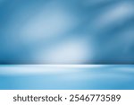 Panoramic abstract blue background for product presentation with sunlight and blurred shadows wall. Winter background.
