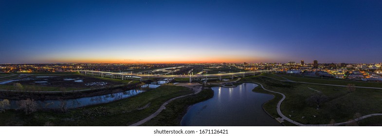 Panoramic Aerial Drone Picture Of Dallas Skyline And Trammel Crow Park At Sunset In Winter