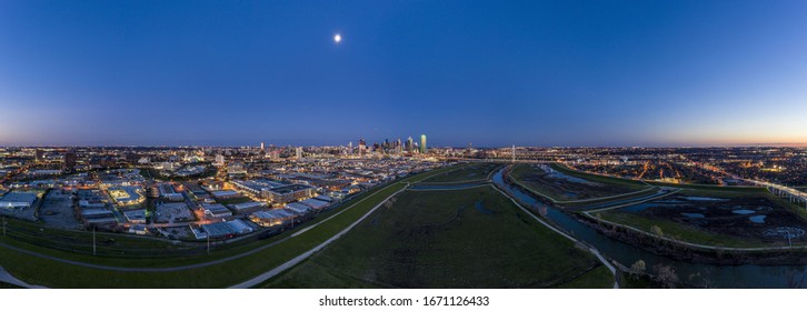 Panoramic Aerial Drone Picture Of Dallas Skyline And Trammel Crow Park At Sunset In Winter