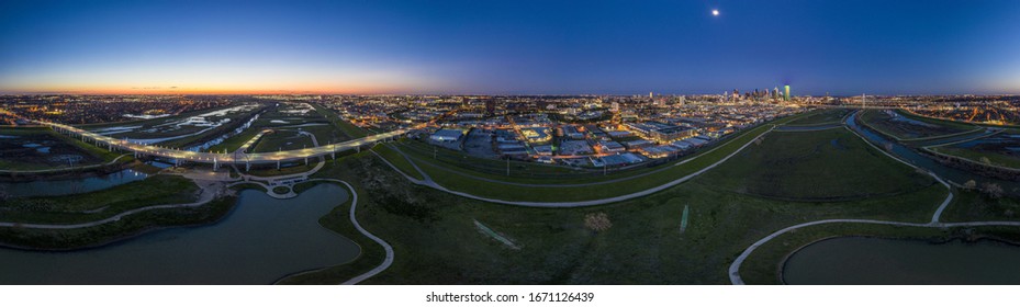 Panoramic Aerial Drone Picture Of Dallas Skyline And Trammel Crow Park At Sunset In Winter