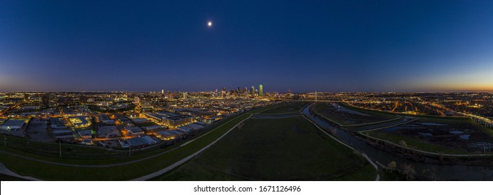 Panoramic Aerial Drone Picture Of Dallas Skyline And Trammel Crow Park At Sunset In Winter