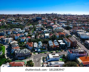 Panoramic  Aerial Drone View Bondi Beach Houses  And Street Of Bondi Sydney NSW Australia