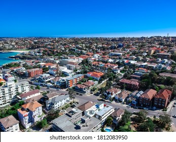 Panoramic  Aerial Drone View Bondi Beach Houses  And Street Of Bondi Sydney NSW Australia