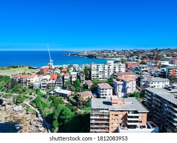 Panoramic  Aerial Drone View Bondi Beach Houses  And Street Of Bondi Sydney NSW Australia