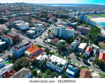 Panoramic  Aerial Drone View Bondi Beach Houses  And Street Of Bondi Sydney NSW Australia