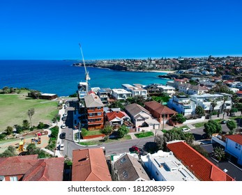 Panoramic  Aerial Drone View Bondi Beach Houses  And Street Of Bondi Sydney NSW Australia