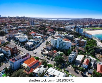 Panoramic  Aerial Drone View Bondi Beach Houses  And Street Of Bondi Sydney NSW Australia