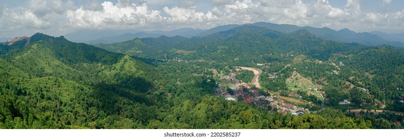 Panoramic Aerial Drone View Of Green Rural Area Scenery In Sungai Lembing, Pahang, Malaysia